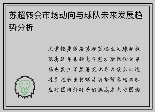 苏超转会市场动向与球队未来发展趋势分析